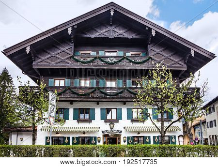 Oberammergau, Germany - June 25, 2017: Hotel Volf in Bavaria Germany village Oberammergau
