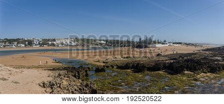 Panorama Of Beach Oualidia Lagoon In Same Name Village In Atlantic Ocean Coast, Morocco