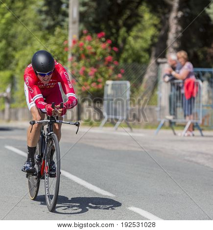 Bourgoin-Jallieu France - 07 June 2017: The French cyclist Julien Simon of Cofidis Team riding during the time trial stage 4 of Criterium du Dauphine 2017. Valverde is a strong contender for the final podium of the race.
