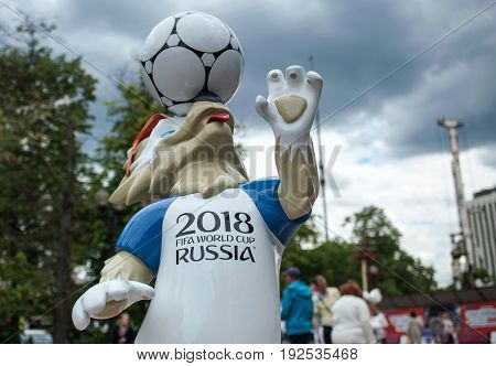 MOSCOW RUSSIA - June 24 2017 The official mascot of the 2018 FIFA World Cup and the FIFA Confederations Cup 2017 wolf Zabivaka on Sokolnicheskaya square in Moscow.