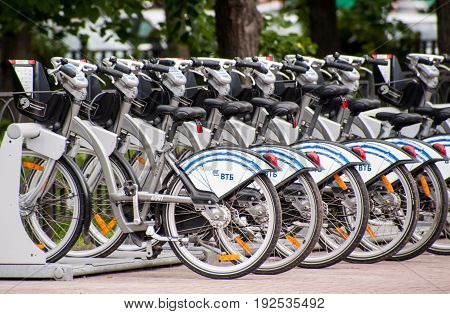 MOSCOW RUSSIA - June 24 2017 Parking Bicycle rental on Sokolnicheskaya square in Moscow.