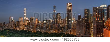 Night Scene of Central Park South Skyline with illuminted buildings