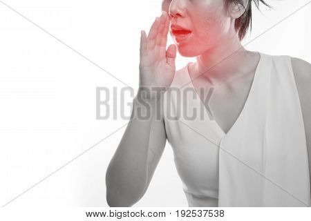 Young asian woman having Bad breath on isolated white background concept of health care lifestyle.