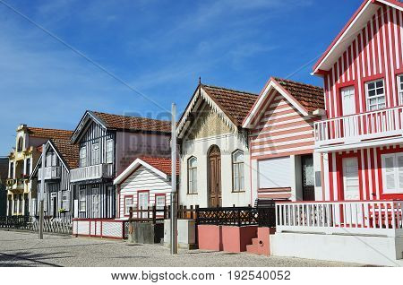 Striped Colored Houses, Costa Nova, Beira Litoral, Portugal, Europe