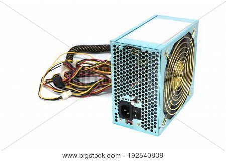 500W Power supply unit with cable and switch I O green color for full ATX Tower case PC have big fan for cool ioslated on white background