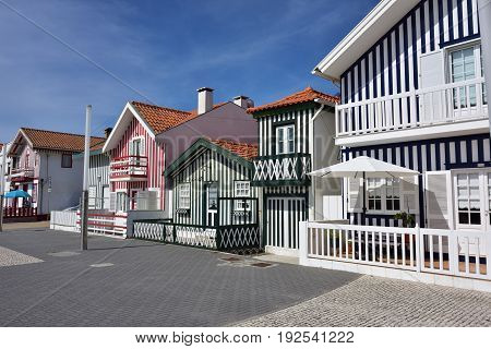 Striped Colored Houses, Costa Nova, Beira Litoral, Portugal, Europe