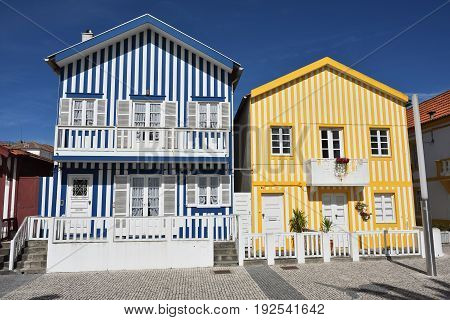 Striped Colored Houses, Costa Nova, Beira Litoral, Portugal, Europe