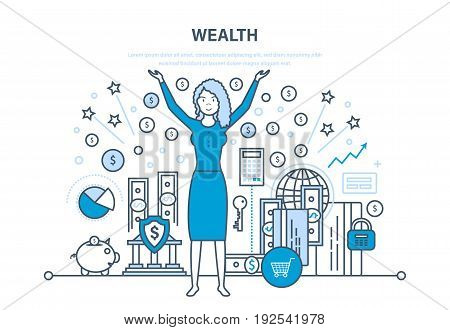 Wealth, financial investments and success, marketing, security of deposits, guarantee of secure financial savings and money turnover. Illustration thin line design of vector doodles, infographics elements.