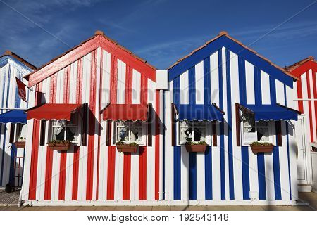 Striped Colored Houses, Costa Nova, Beira Litoral, Portugal, Europe