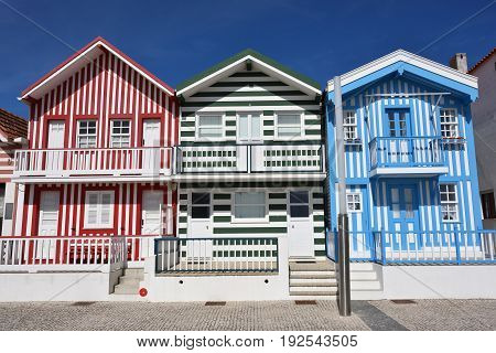 Striped Colored Houses, Costa Nova, Beira Litoral, Portugal, Europe