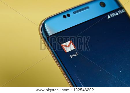 New york, USA - June 23, 2017: Gmail application icon on smartphone screen close-up. Gmail app icon with copy space on screen