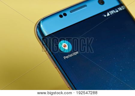 New york, USA - June 23, 2017: Periscope application icon on smartphone screen close-up. Periscope app icon with copy space on screen
