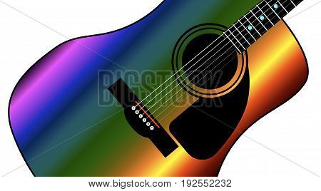 A typical western style acoustic guitar in rainbow style color isolated over a white background.