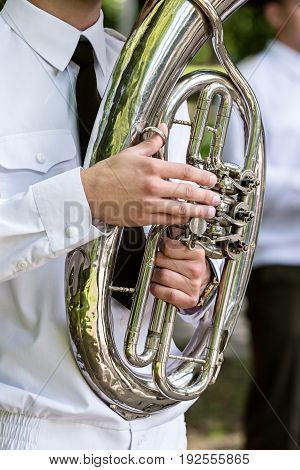 Military Musician In Uniform Playing On Tuba. Brass Bands Fest.