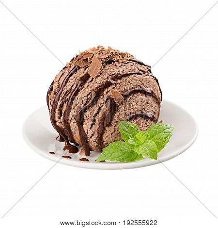 Ice cream brown scoop decorated mint leaves and chocolate sauce on plate isolated on white background.