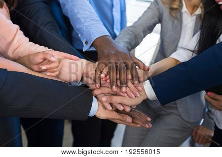 Stack Of Hands, Teamwork Concept, Business People Group Joining Arms In Pile, Diverse Team Of Businesspeople Working Together Support And Partnership