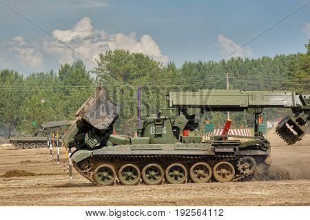Tyumen, Russia - June 21, 2017: Army Games. Safe Route contest. Passage making by IMR engineer vehicle