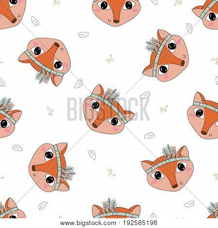 Hand drawn vector Cute seamless pattern with Fox.