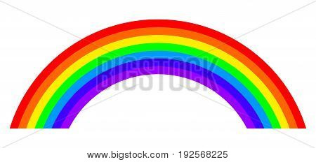 Seven colors rainbow illustration on white background. Arc with bands in the main colors of the spectrum and of the visible light red, orange, yellow, green, blue, indigo and violet. Isolated. Vector.
