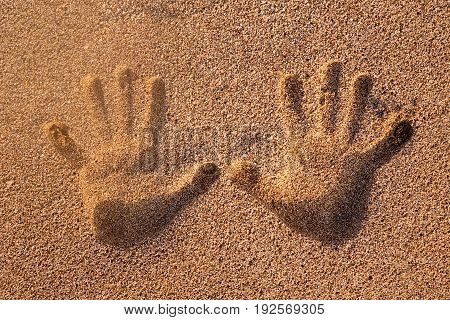 Two hand prints on the sand and sun