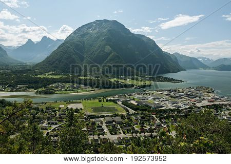 Panoramic view of Andalsnes Leirplass mountain in Norway under a sunny sky