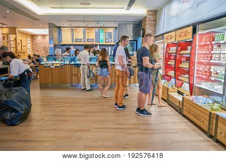 HONG KONG - CIRCA SEPTEMBER, 2016: inside a Pret a Manger in Hong Kong. Pret a Manger is a sandwich shop chain based in the United Kingdom.