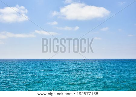 Beautiful Seascape with White Yacht Sailing in Blue Sea. Square