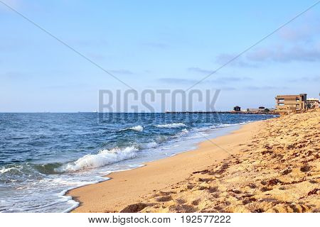 Beautiful view of sea and beach background with ruins