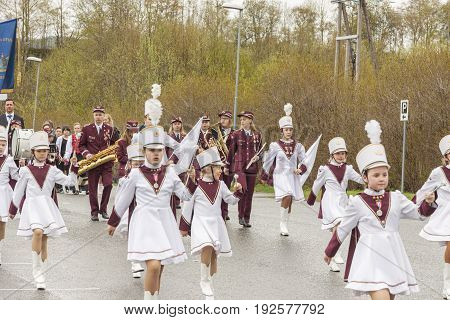 VERDAL NORWAY - MAY 17 2017: National day in Norway. Norwegians at traditional celebration and parade on may 17 2017 in Verdal. People on parde before school in Verdal. Constitution Day is the National Day of Norway.
