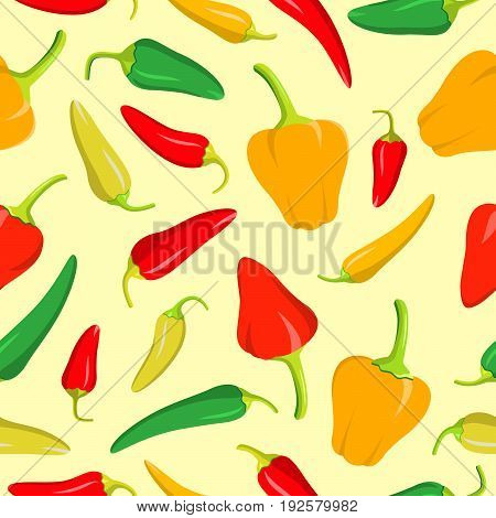 Grenn,yellow,orange and red pepper. Seamless pattern. Vector illustration.