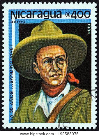 NICARAGUA - CIRCA 1984: A stamp printed in Nicaragua issued for the 50th death anniversary of Augusto Sandino shows Augusto Sandino, circa 1984.