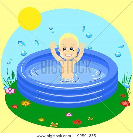vector Illustration of a Young Boy Happily Swimming in rubber pool