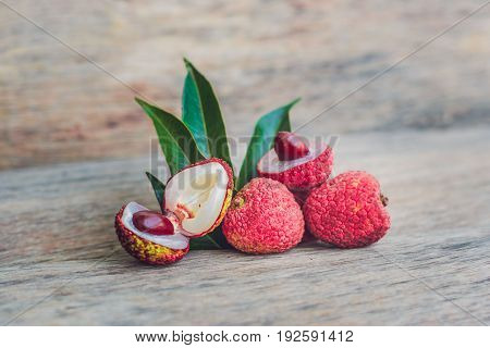Fresh Litchi Fruit On An Old Wooden Background