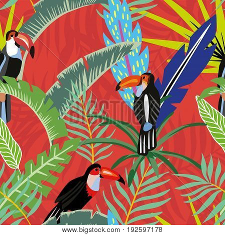 Tropical bird toucan in the jungle on a background of palm leaves in cartoon style. Beach wallpaper seamless pattern on a red orange background