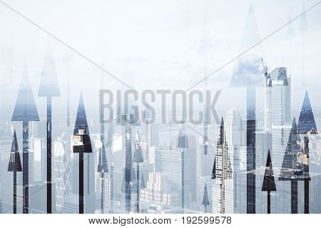 Abstract arrows on city background. Growth concept. Double exposure