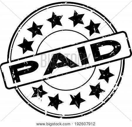 Grunge black paid with star icon round rubber seal stamp on white background