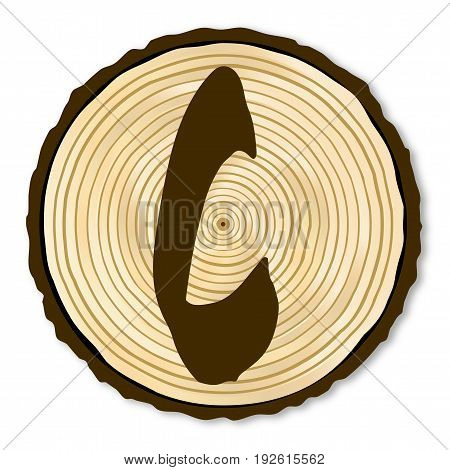A light wood timber end section with the letter C over a white background