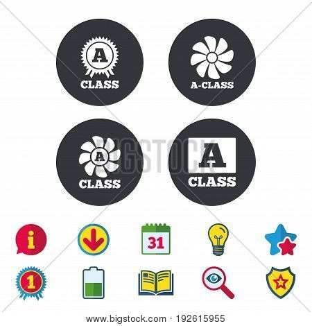 A-class award icon. A-class ventilation sign. Premium level symbols. Calendar, Information and Download signs. Stars, Award and Book icons. Light bulb, Shield and Search. Vector