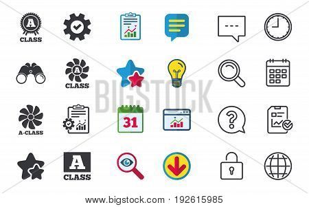 A-class award icon. A-class ventilation sign. Premium level symbols. Chat, Report and Calendar signs. Stars, Statistics and Download icons. Question, Clock and Globe. Vector