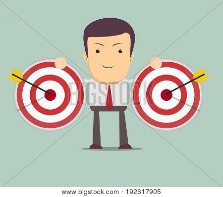 successful businessman aiming target with arrow. Stock vector illustration