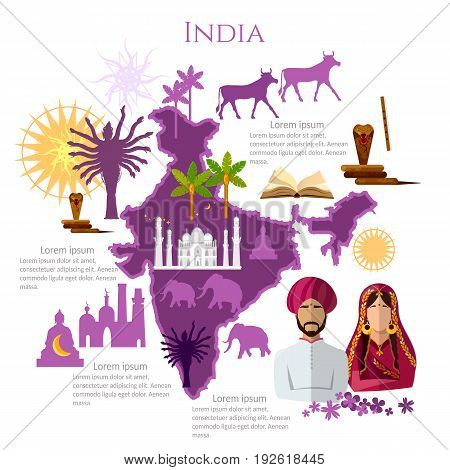 India infographics. sights culture traditions map indian people. India template elements