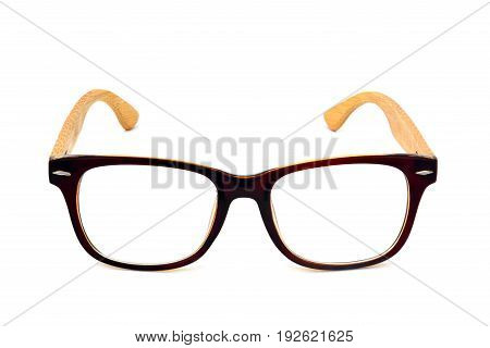 vintage dark brown wooden glasses isolated on white background, clipping path