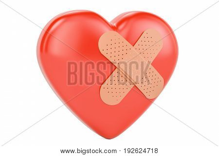 Broken heart with adhesive plaster 3D rendering isolated on white background
