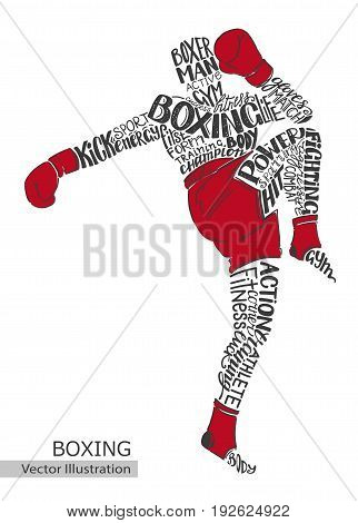Vector boxer. Silhouette of the athlete from the thematic words. Text graphics, lettering.