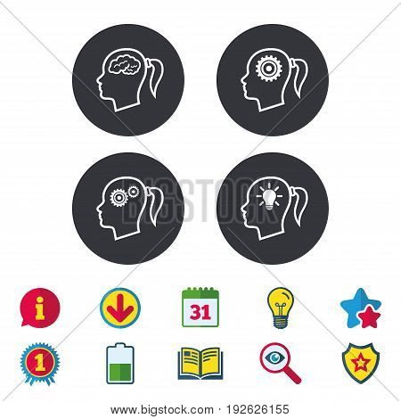 Head with brain and idea lamp bulb icons. Female woman think symbols. Cogwheel gears signs. Calendar, Information and Download signs. Stars, Award and Book icons. Light bulb, Shield and Search. Vector