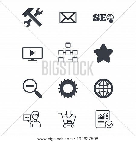 Internet, seo icons. Repair, database and star signs. Mail, settings and monitoring symbols. Customer service, Shopping cart and Report line signs. Online shopping and Statistics. Vector