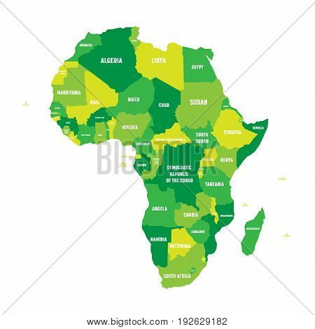 Political map of Africa in four shades of green with white country name labels on white background. Vector illustration.
