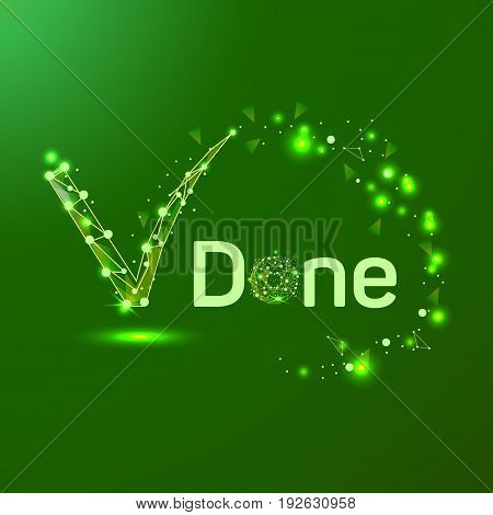 Abstract check mark in the form of a starry sky or space, consisting of points, lines, and shapes in the form of planets, stars and the universe. Vector business wireframe concept. Eps10