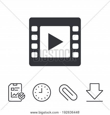 Video sign icon. Video frame symbol. Report, Time and Download line signs. Paper Clip linear icon. Vector