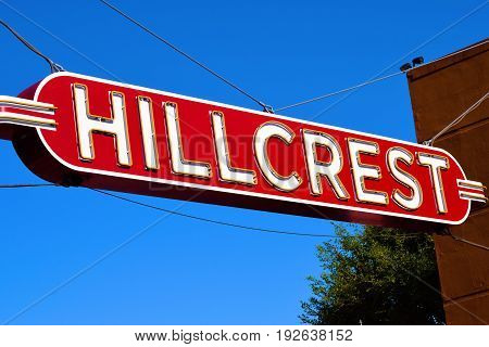 Hillcrest street sight hanging above a street taken at the Hillcrest District in San Diego, CA